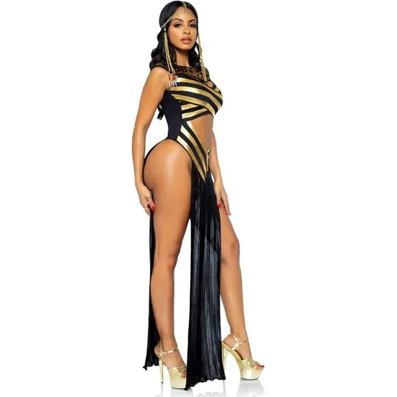 Cleopatra Black And Gold Egyptian Dress Leg Avenue Women's Gold/black  Shimmer Cat Suit Egyptian Costume